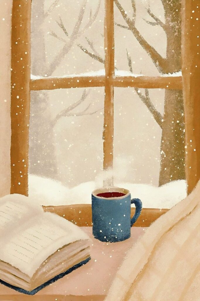 _ 27 Cozy winter scene: Snow falling outside a window, with a book and steaming mug of tea on the sill, perfect for relaxing indoors. | Sky Rye Design Cozy winter scene: Snow falling outside a window, with a book and steaming mug of tea on the sill, perfect for relaxing indoors.