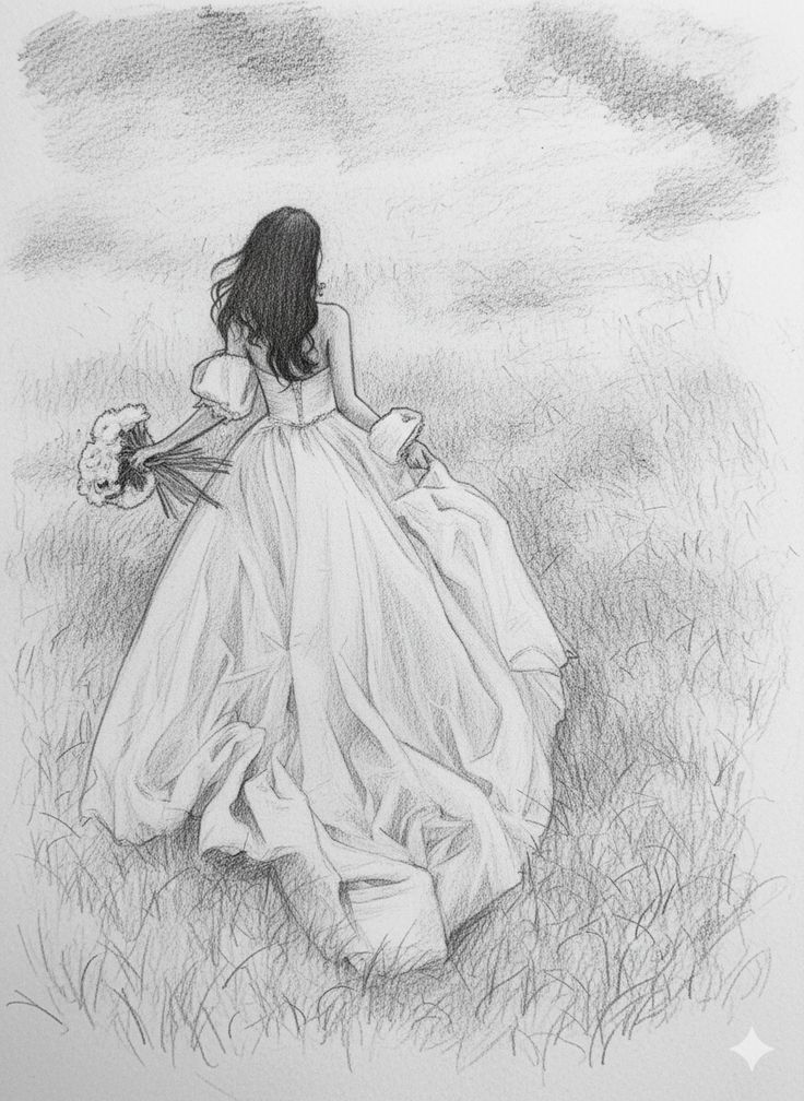 _ 27 Sketch of a woman in a flowing dress holding flowers, walking through a field, with long hair cascading down her back. | Sky Rye Design Sketch of a woman in a flowing dress holding flowers, walking through a field, with long hair cascading down her back.