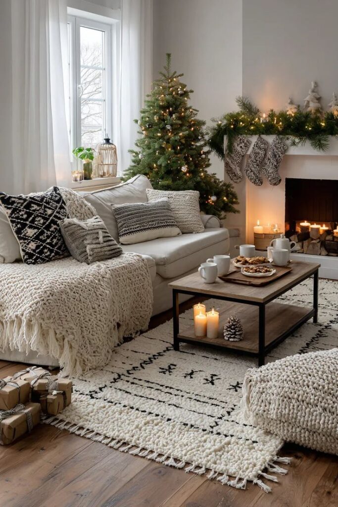 27 Cozy Christmas Aesthetic Ideas for a Warm Holiday Home Cozy living room with Christmas tree, fireplace, candles, and gifts, creating a festive and warm holiday atmosphere. | Sky Rye Design Cozy living room with Christmas tree, fireplace, candles, and gifts, creating a festive and warm holiday atmosphere.