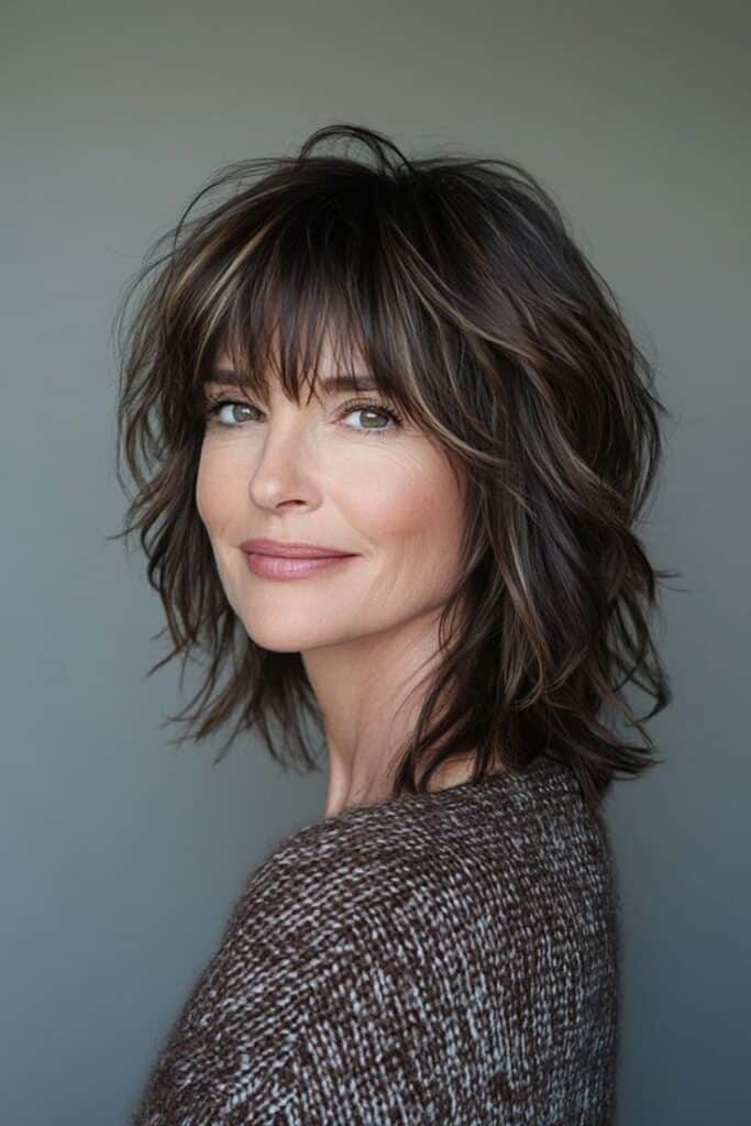 27 Trendy Shaggy Hairstyles for Older Women in 2025 Smiling woman with layered bob hairstyle in a cozy sweater, neutral background. | Sky Rye Design Smiling woman with layered bob hairstyle in a cozy sweater, neutral background.