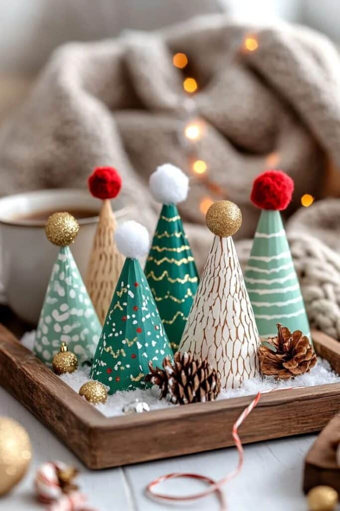 27 Unique Christmas Craft Decorations for Inspired_ Decorative paper cone trees with pom-poms and lights in a cozy holiday setting on a wooden tray. | Sky Rye Design Decorative paper cone trees with pom-poms and lights in a cozy holiday setting on a wooden tray.