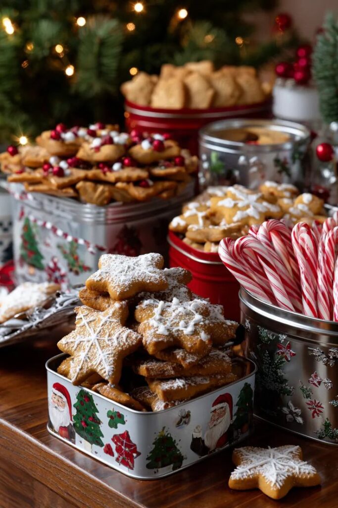 27 Vintage Christmas Decorations for a Timeless Holiday Look Festive holiday cookies and candy canes in decorative tins with a Christmas tree in the background. | Sky Rye Design Festive holiday cookies and candy canes in decorative tins with a Christmas tree in the background.