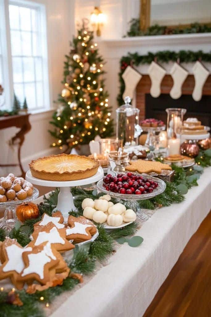 Festive Christmas dessert table with cookies, pie, and holiday decor, set beside a lit tree and stockings by the fireplace.