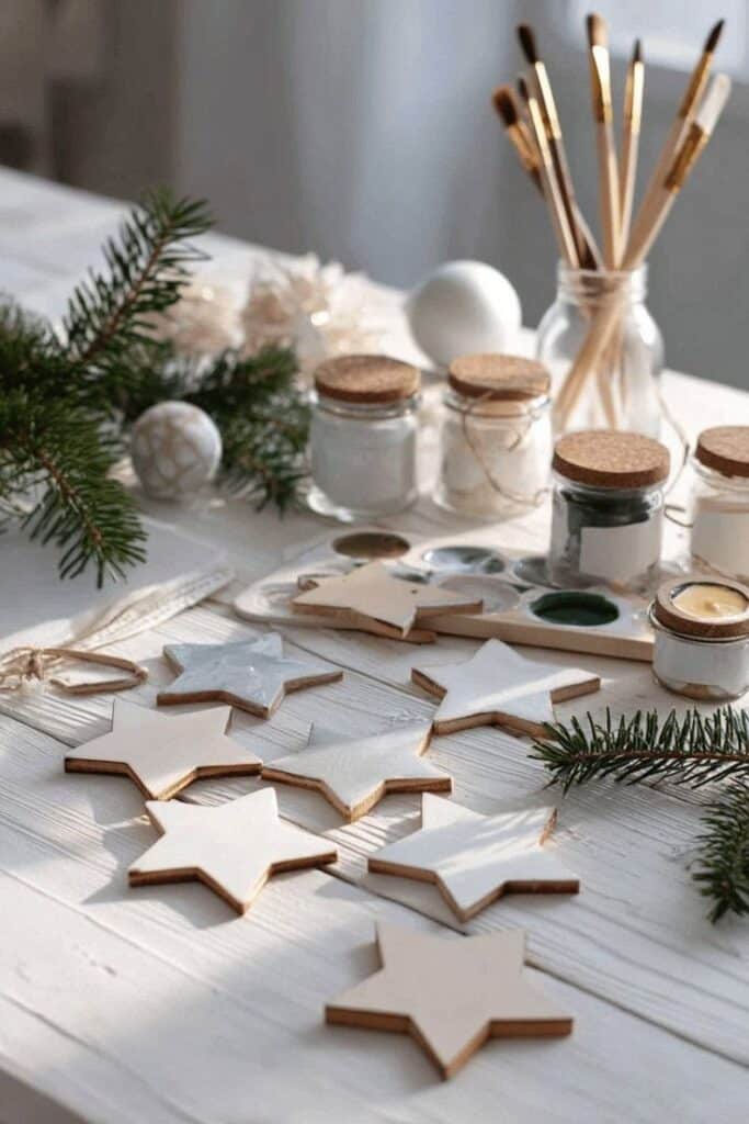 Star-shaped DIY Christmas ornaments on a table with evergreen branches and art supplies, evoking a festive crafting atmosphere.