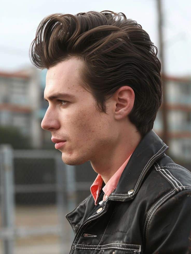 2781dad240d57ad57897a79e2dc9336e Stylish young man in profile with voluminous hair, wearing a leather jacket outdoors. | Sky Rye Design Stylish young man in profile with voluminous hair, wearing a leather jacket outdoors.