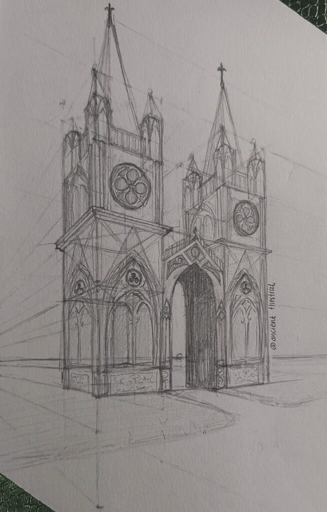 Intricate pencil sketch of a Gothic cathedral with twin spires and detailed architectural elements.