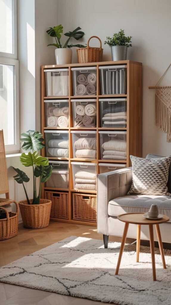 Bright living room with organized storage cubes, neatly folded linens, potted plants, cozy armchair, and modern decor elements.