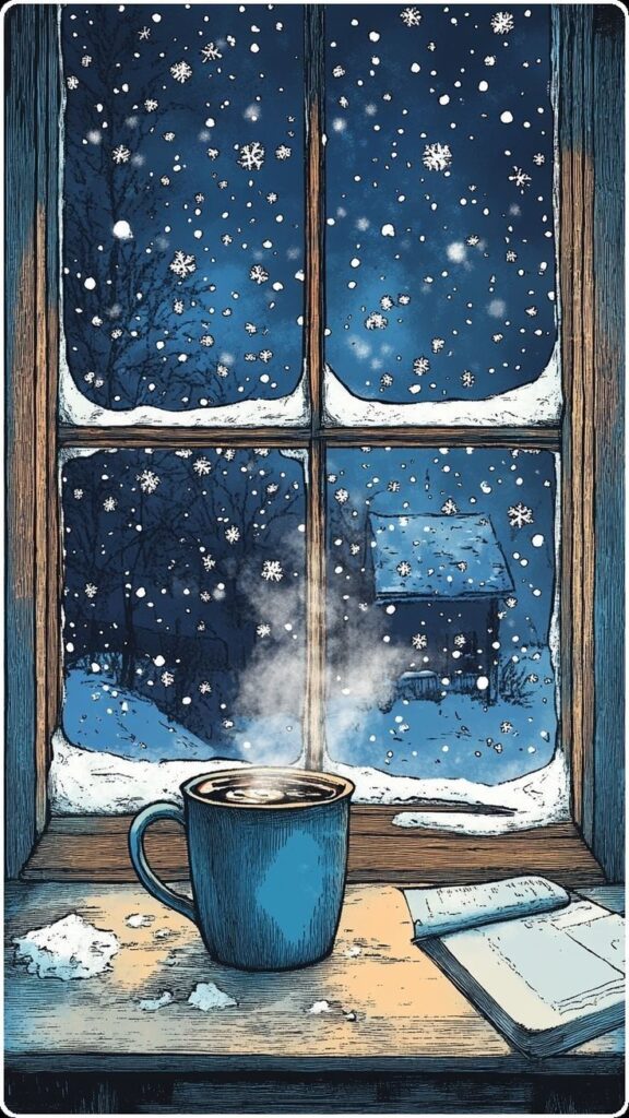 _ 28 Cozy winter scene with steaming coffee, snowflakes falling outside a window, and a book on the sill. Perfect for relaxation vibes. | Sky Rye Design Cozy winter scene with steaming coffee, snowflakes falling outside a window, and a book on the sill. Perfect for relaxation vibes.