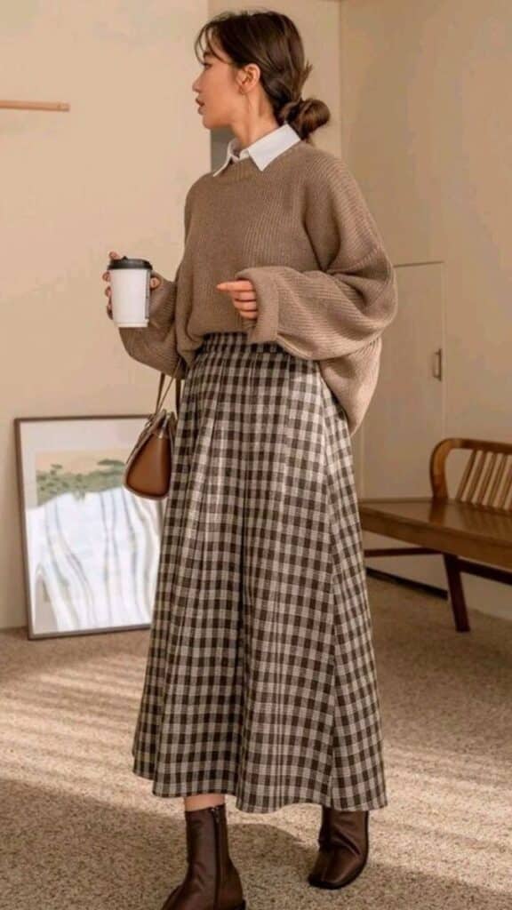 _ 28 Woman in a cozy brown sweater and plaid skirt, holding a coffee cup in a stylish, minimalistic room. | Sky Rye Design Woman in a cozy brown sweater and plaid skirt, holding a coffee cup in a stylish, minimalistic room.