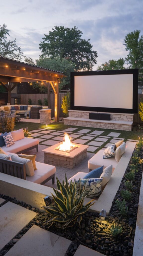 Cozy backyard setup with outdoor movie screen, fire pit, cushioned seating, and ambient lighting, perfect for relaxing evenings.