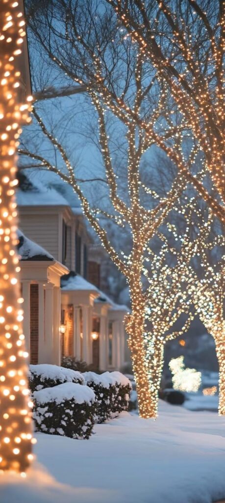 Snowy street with trees wrapped in twinkling holiday lights, creating a festive winter scene in a cozy neighborhood at dusk.