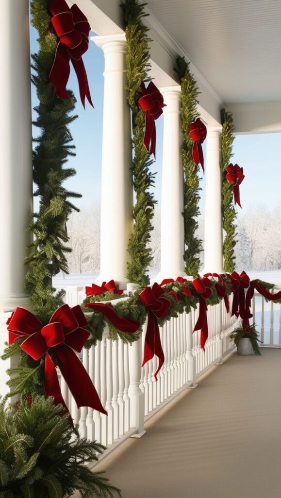 _ 29 Festive porch with green garlands and red bows on white columns, snowy winter landscape in background. | Sky Rye Design Festive porch with green garlands and red bows on white columns, snowy winter landscape in background.