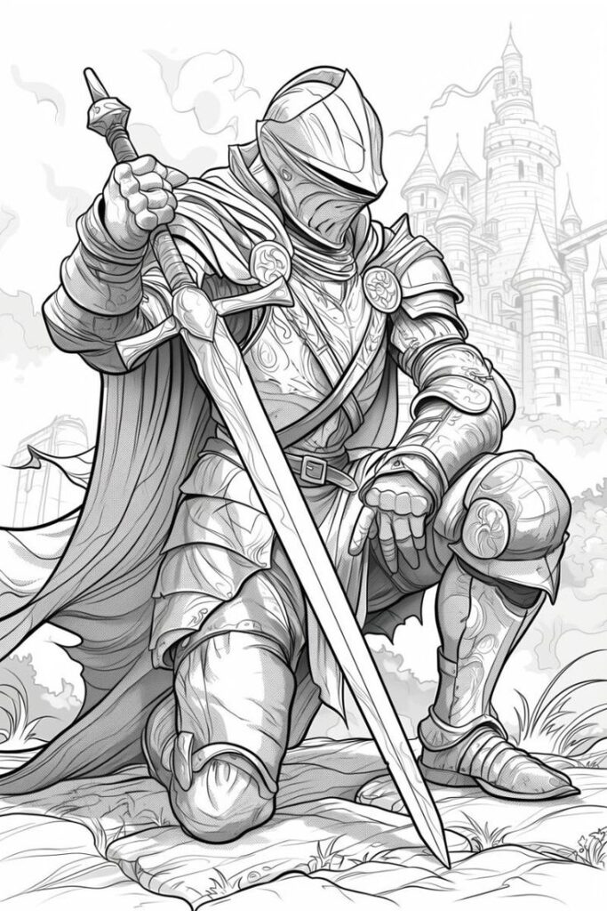 _ 29 Illustration of a knight kneeling with a sword in front of a castle backdrop. Ideal for medieval fantasy themes and storytelling. | Sky Rye Design Illustration of a knight kneeling with a sword in front of a castle backdrop. Ideal for medieval fantasy themes and storytelling.