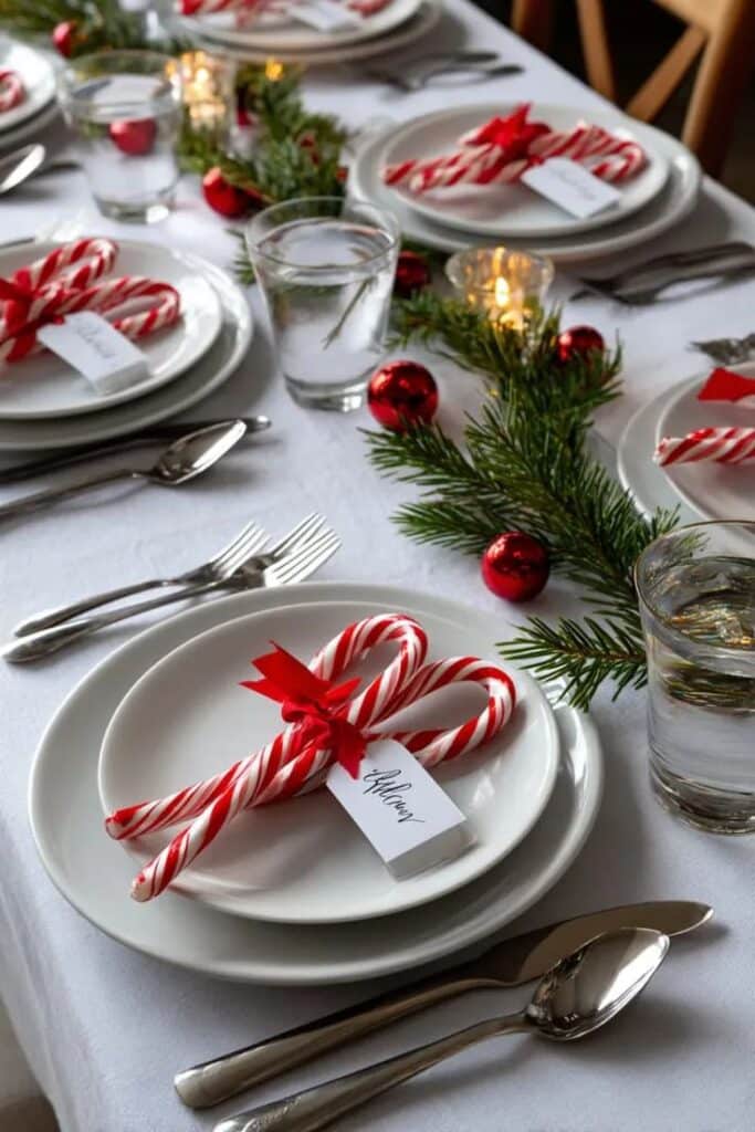 Festive holiday table setting with candy canes, pine garland, red ornaments, and place settings on a white tablecloth.