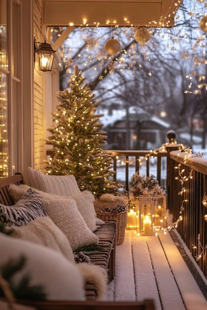 Cozy snowy porch with Christmas tree, glowing fairy lights, and plush cushions, creating a warm holiday ambiance.