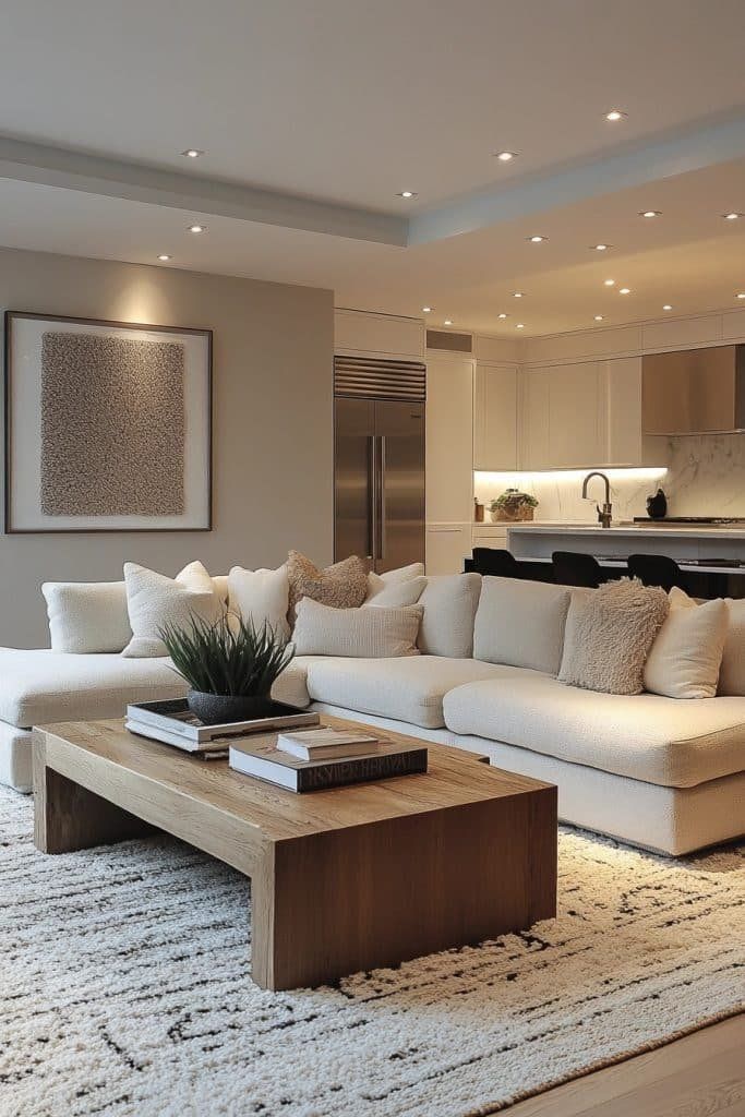 Modern living room with a beige sectional sofa, wooden coffee table, and stylish kitchen in the background. Warm lighting creates a cozy ambiance.