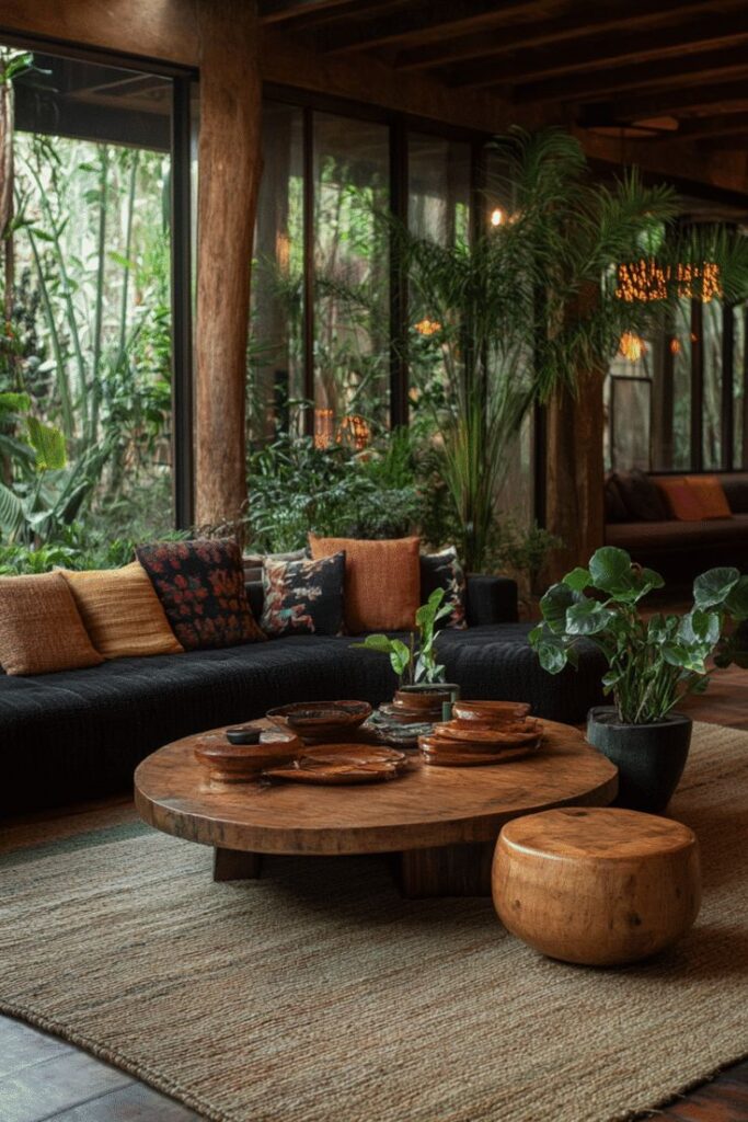 Cozy living room with rustic wooden coffee table, large sofa, colorful cushions, and lush greenery by floor-to-ceiling windows.