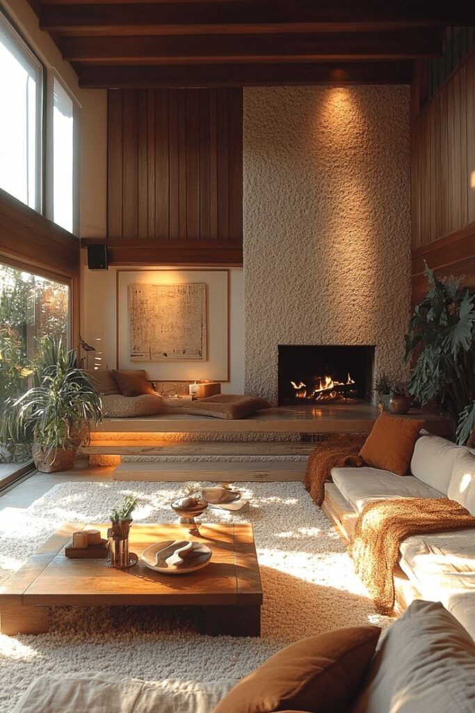 Cozy living room with a modern fireplace, plush seating, and warm decor. Sunlit space with wood tones and greenery.