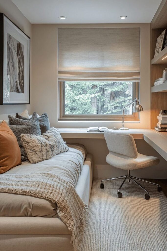 Cozy small home office with a daybed, desk, and window view. Neutral tones, comfortable chair, and plush pillows create an inviting workspace.