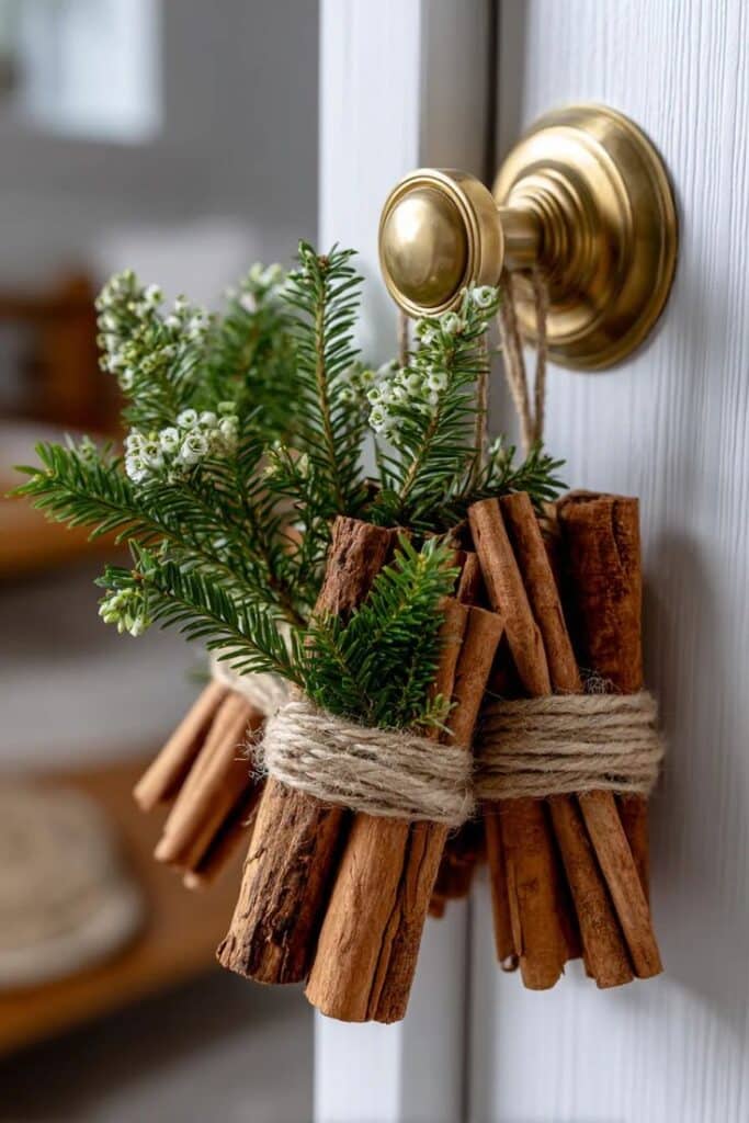 Holiday door decoration with cinnamon sticks and evergreen sprigs tied with twine on a brass doorknob. Festive and aromatic decor.
