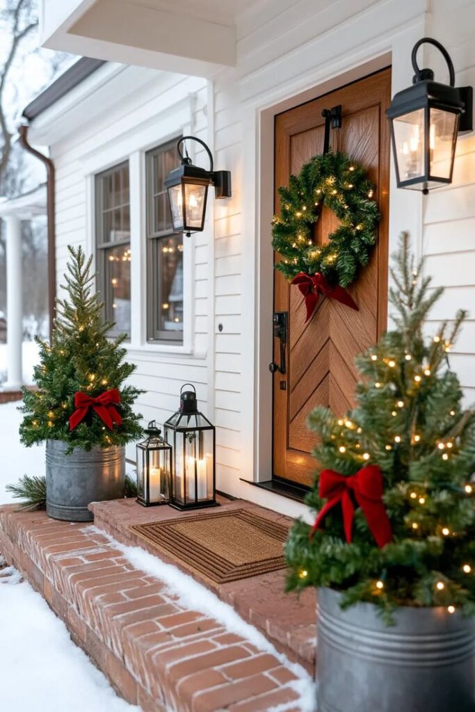 Festive front porch with a holiday wreath, potted Christmas trees with red bows, and lanterns, set against a snowy backdrop.