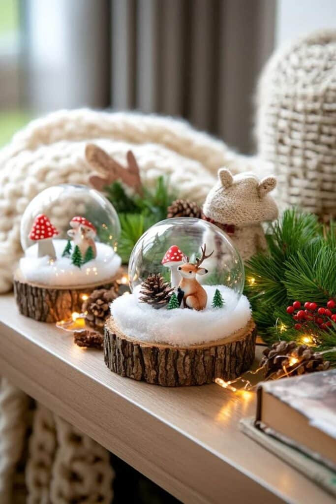 Festive Christmas snow globes with reindeer and mushrooms on a wooden base, surrounded by pine cones and holiday decor.