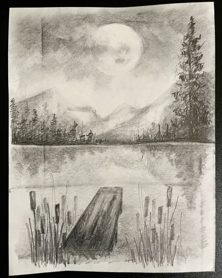 2a984a3b6e475826ca2b7b2ae482c6b6 Pencil drawing of a serene lake scene at night with a full moon, mountains, trees, and a wooden pier surrounded by reeds. | Sky Rye Design Pencil drawing of a serene lake scene at night with a full moon, mountains, trees, and a wooden pier surrounded by reeds.