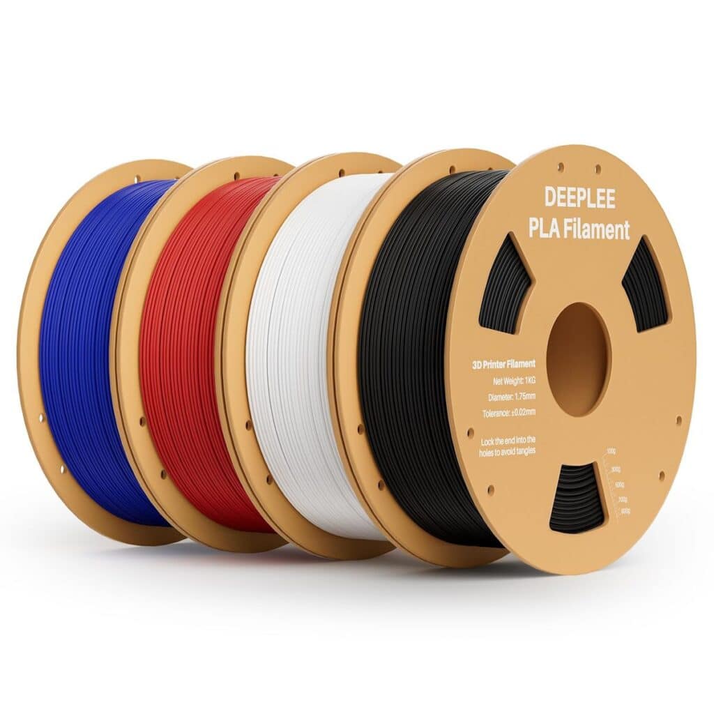 Four spools of DEEPLEE PLA filament in blue, red, white, and black for 3D printers, showcasing diverse color options and quality design.