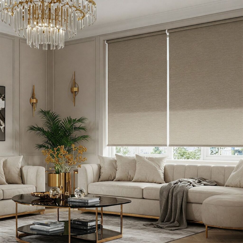 Luxurious living room with modern beige sofas, gold accents, chandelier, plants, and large windows with beige roller blinds.