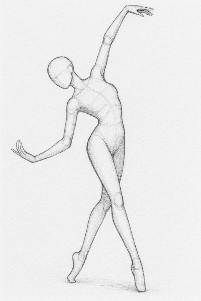 Sketch of a graceful ballet pose with an articulated mannequin, demonstrating balance and elegance in dance form.