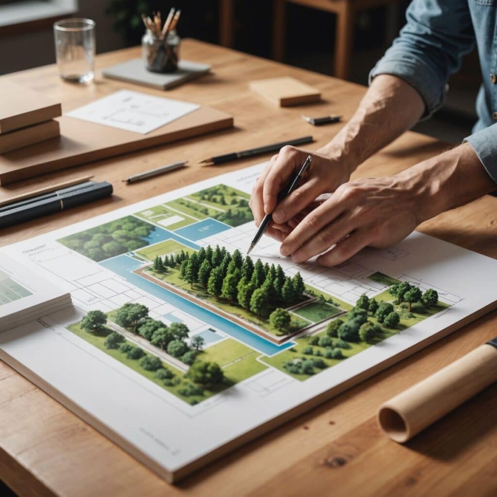 2d42a6195d503023036892f43c3a6ffb Architect designing a green landscape with trees on a blueprint at a wooden desk, surrounded by drafting tools and papers. | Sky Rye Design Architect designing a green landscape with trees on a blueprint at a wooden desk, surrounded by drafting tools and papers.