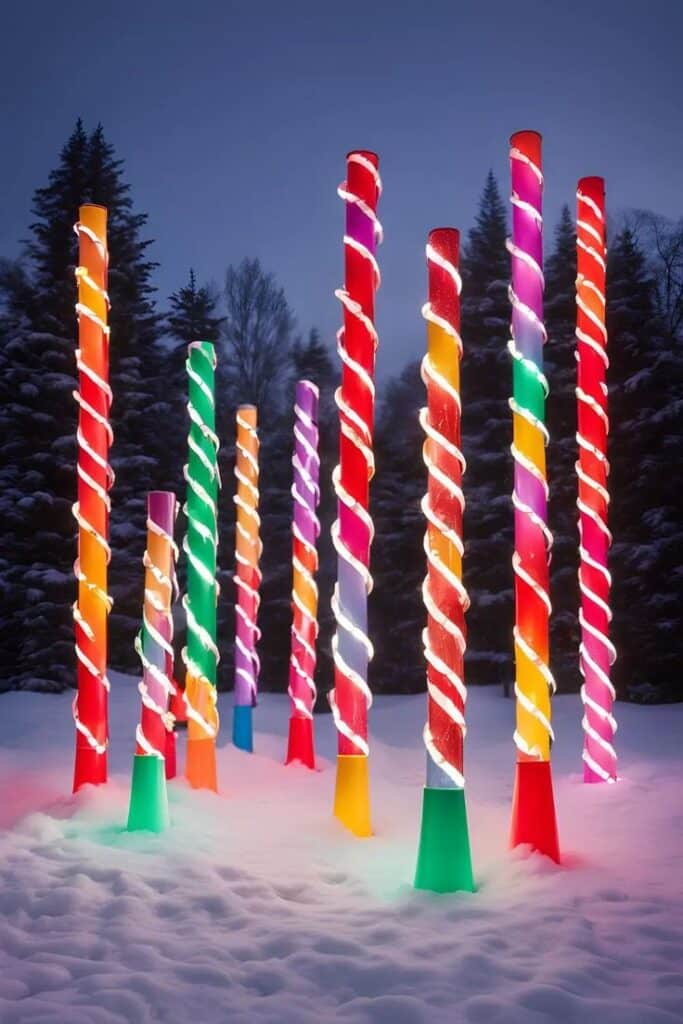 2fff39dd5e1e2e3757e4b90f3118d771 Colorful candy cane lights glow in a snowy forest, creating a festive and magical Christmas atmosphere under a dusky sky. | Sky Rye Design Colorful candy cane lights glow in a snowy forest, creating a festive and magical Christmas atmosphere under a dusky sky.