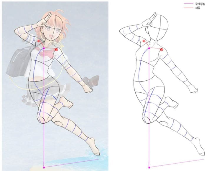 _ 3 Anime character jumping with a salute pose, showing construction lines and anatomy for dynamic figure drawing. | Sky Rye Design Anime character jumping with a salute pose, showing construction lines and anatomy for dynamic figure drawing.