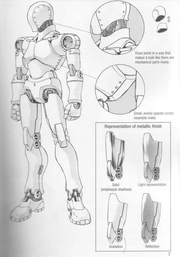Sketch of a robotic figure with detailed joint design and metallic finish techniques, including shadows, gradation, and reflection tips.