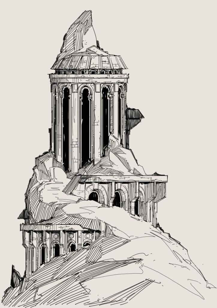 _ 3 Ancient stone tower with arched windows, set on a rocky cliff, captured in a detailed architectural sketch. | Sky Rye Design Ancient stone tower with arched windows, set on a rocky cliff, captured in a detailed architectural sketch.