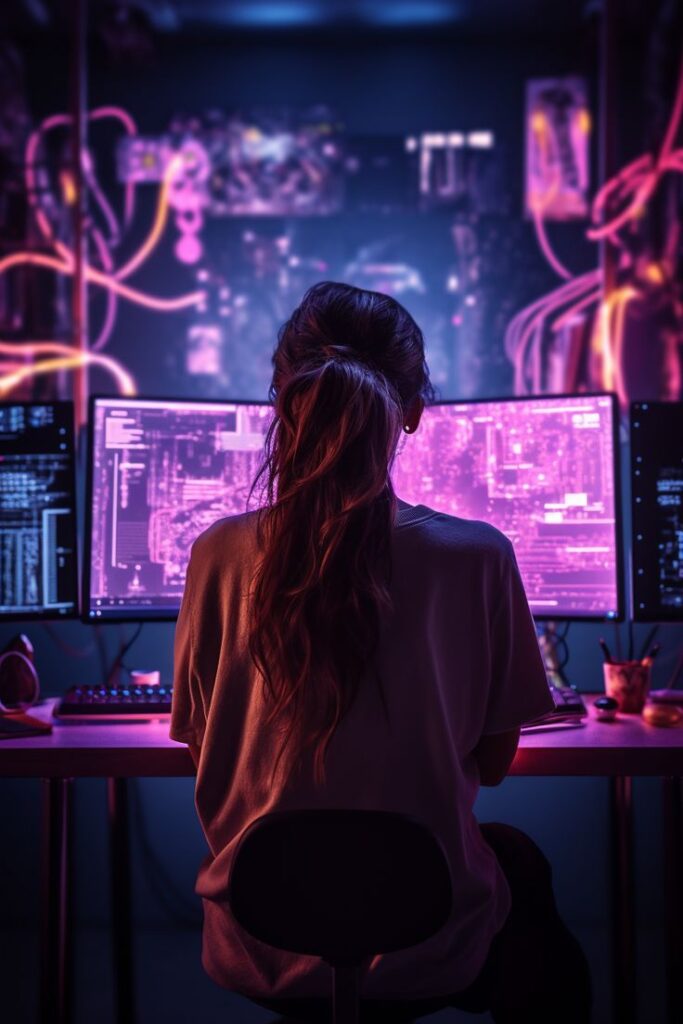 Woman coding in a dark room, illuminated by neon screens displaying programming code, reflecting a futuristic tech environment.