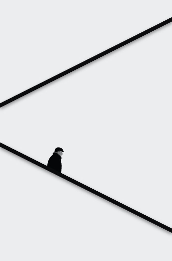 Minimalist art of a solitary figure walking on a diagonal path against a stark grey background, emphasizing simplicity and solitude.