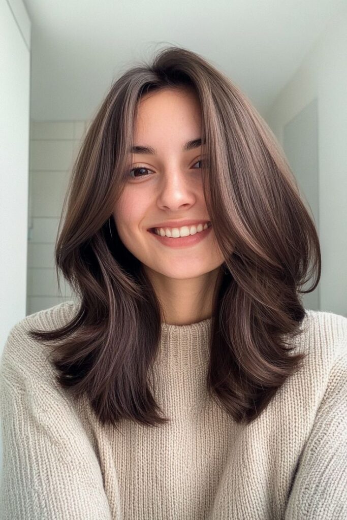 _ 3 Smiling woman with long, flowing brunette hair wearing a cozy beige sweater in a well-lit room. | Sky Rye Design Smiling woman with long, flowing brunette hair wearing a cozy beige sweater in a well-lit room.