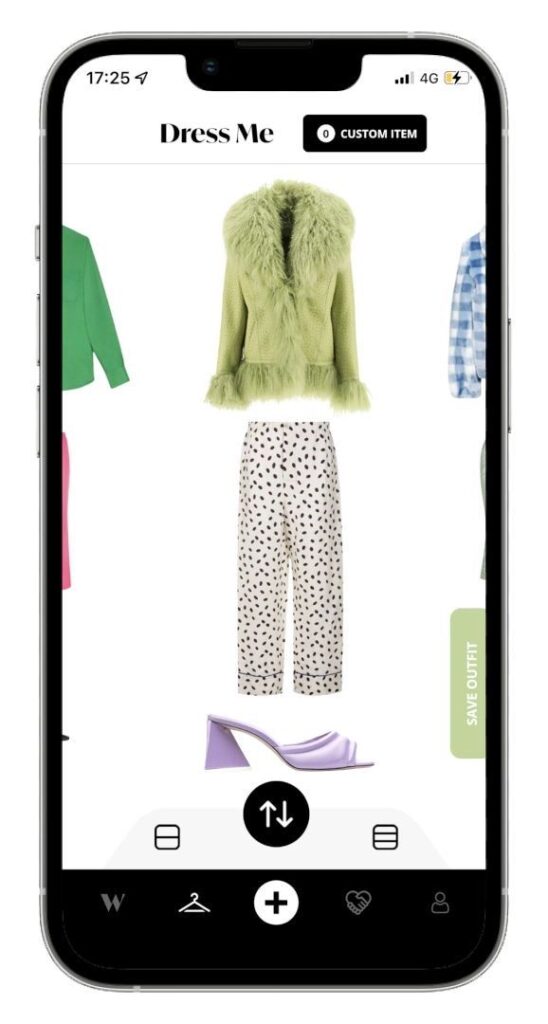 Fashion app showing a green faux fur jacket, polka dot pants, and lilac heels on a smartphone screen: 'Dress Me' app interface.