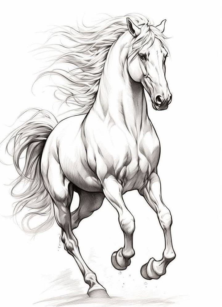 Illustration of a majestic, galloping white horse with flowing mane, capturing movement and grace in a detailed artistic sketch.