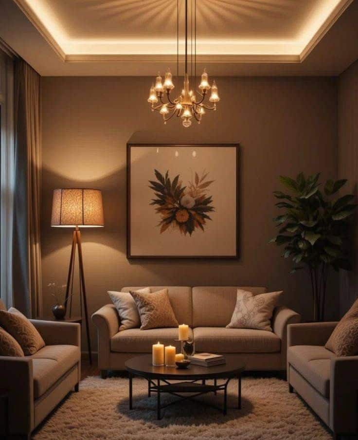 Cozy living room with warm lighting, elegant chandelier, plush sofas, and a round coffee table adorned with candles and decor.