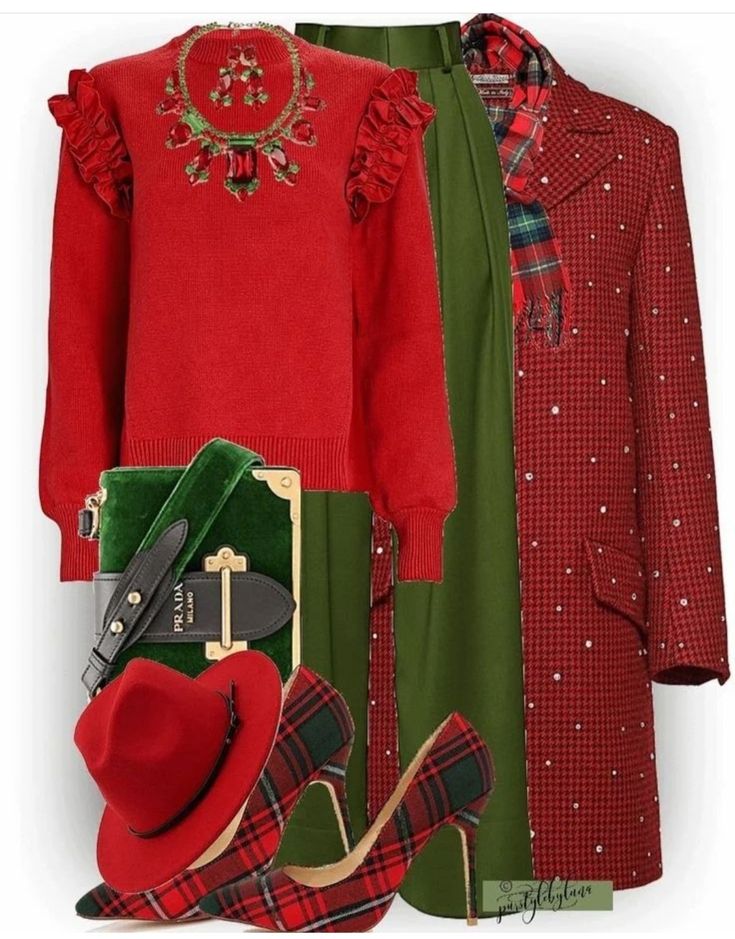 _ 3 Stylish holiday outfit with red sweater, plaid heels, green skirt, red coat, and accessories. Perfect festive look. | Sky Rye Design Stylish holiday outfit with red sweater, plaid heels, green skirt, red coat, and accessories. Perfect festive look.