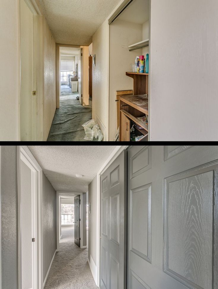 Hallway renovation before and after: cluttered and outdated to modern and clean transformation.