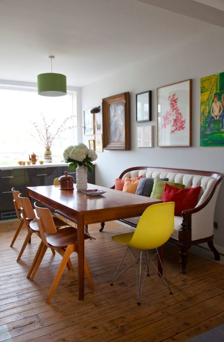 _ 3 Colorful dining room with vintage furniture, wooden table, mixed chairs, and art-filled walls. Cozy and eclectic decor. | Sky Rye Design Colorful dining room with vintage furniture, wooden table, mixed chairs, and art-filled walls. Cozy and eclectic decor.