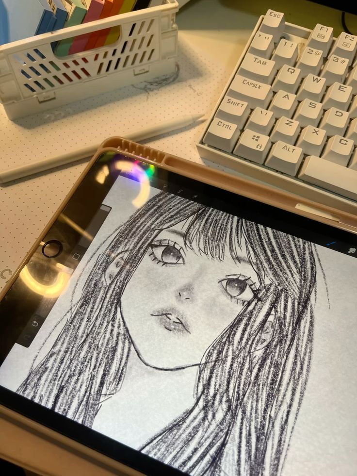 _3 Digital drawing of a girl on a tablet, nearby keyboard, and stationery on a desk. | Sky Rye Design Digital drawing of a girl on a tablet, nearby keyboard, and stationery on a desk.