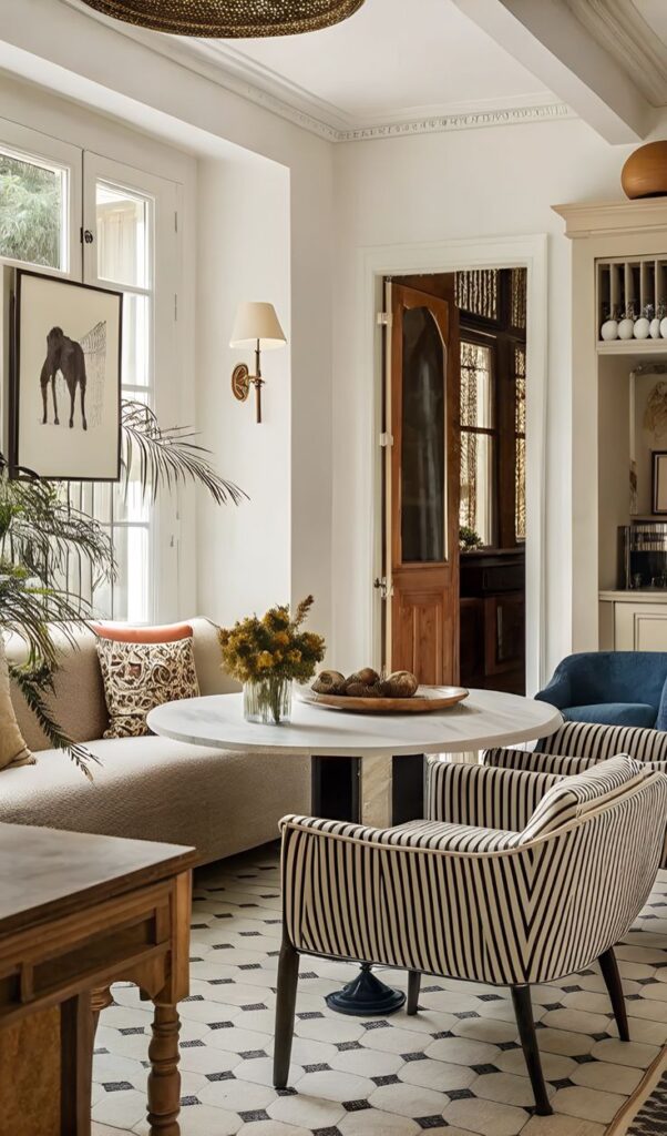 _ 30 Stylish living room with cozy seating, round table, and modern decor in soft, neutral tones. | Sky Rye Design Stylish living room with cozy seating, round table, and modern decor in soft, neutral tones. Vintage modern home