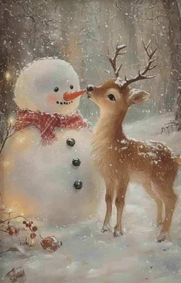 _ 30 Snowy forest scene with a smiling snowman and a curious reindeer touching noses, surrounded by winter magic and festive cheer. | Sky Rye Design Snowy forest scene with a smiling snowman and a curious reindeer touching noses, surrounded by winter magic and festive cheer.