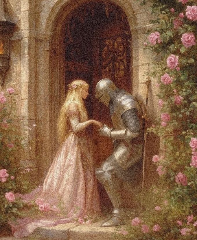 _ 30 Medieval romance scene with a knight kneeling before a lady in a pink dress at a stone archway, surrounded by blooming roses. | Sky Rye Design Medieval romance scene with a knight kneeling before a lady in a pink dress at a stone archway, surrounded by blooming roses.