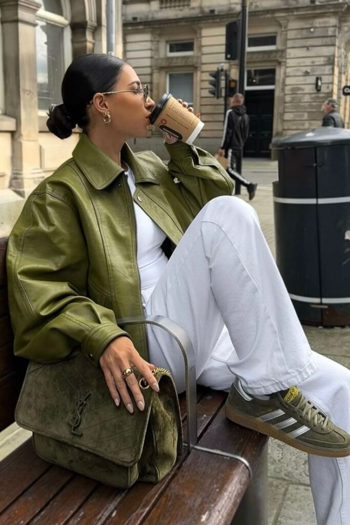 Stylish woman in a green jacket and white pants enjoying coffee on a city bench, carrying an olive green handbag.