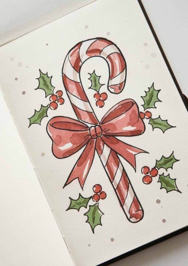 Festive candy cane illustration with holly, red ribbon, and berries on a white background. Perfect for holiday decor.
